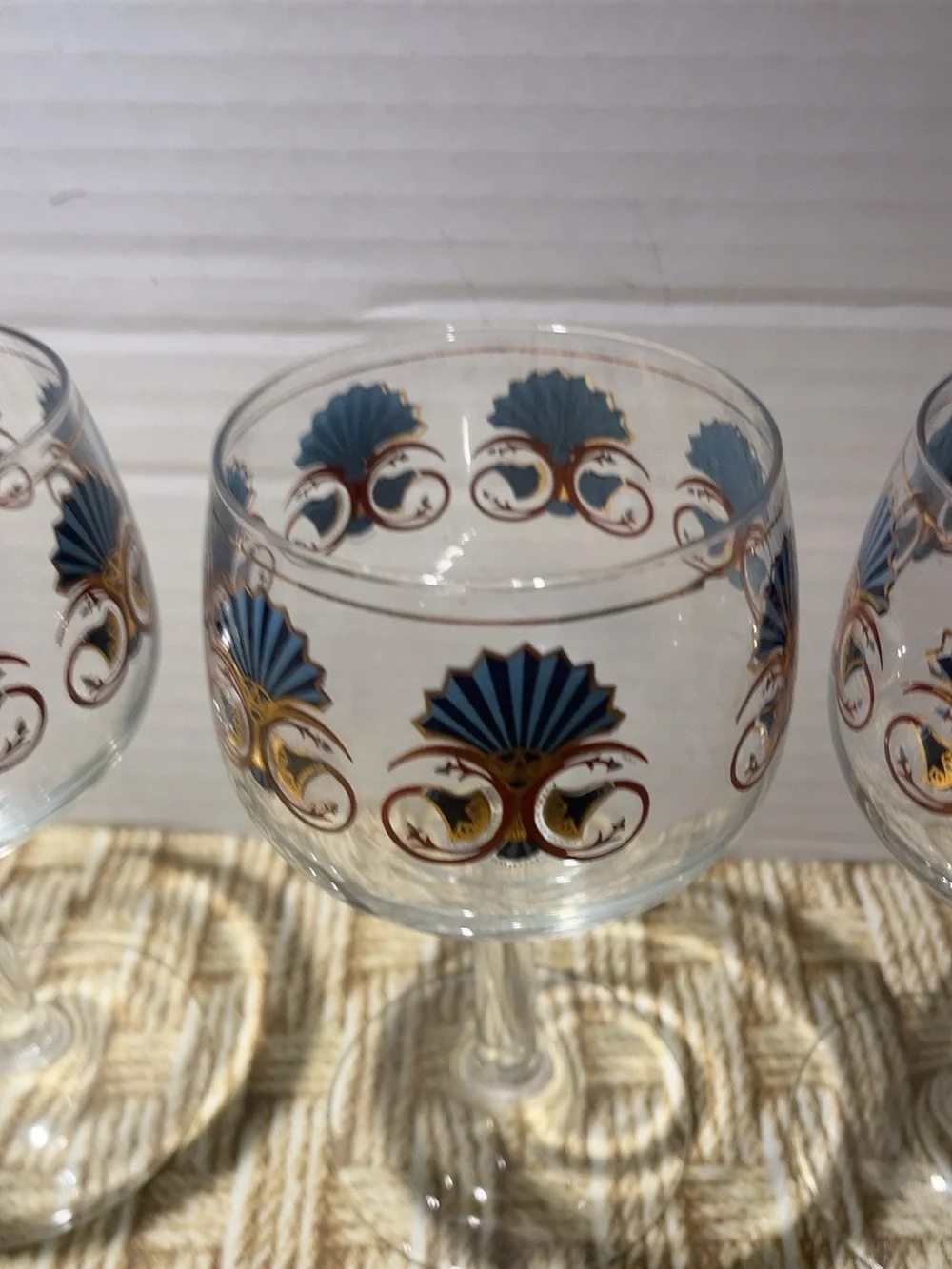 Vintage Georges Briard 22K Gold Blue Fan Wine Goblets Set of 4 MCM 6.5”